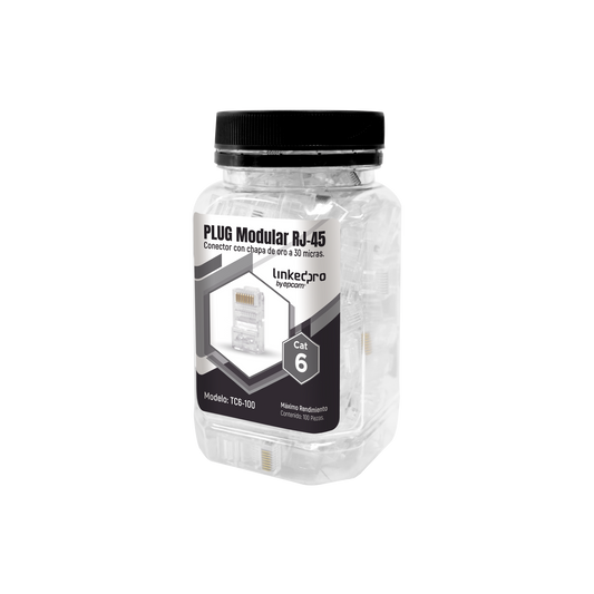 TC6-100|Bote con 100 Piezas de Plug Modular RJ45 Cat6 sin blindaje, chapado de oro a 30 micras para durabilidad extrema