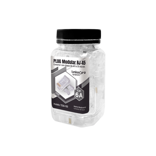 TC6A-100|Bote con 100 Piezas de Plug Modular RJ45 Cat6A chapado de oro a 30 micras para durabilidad extrema