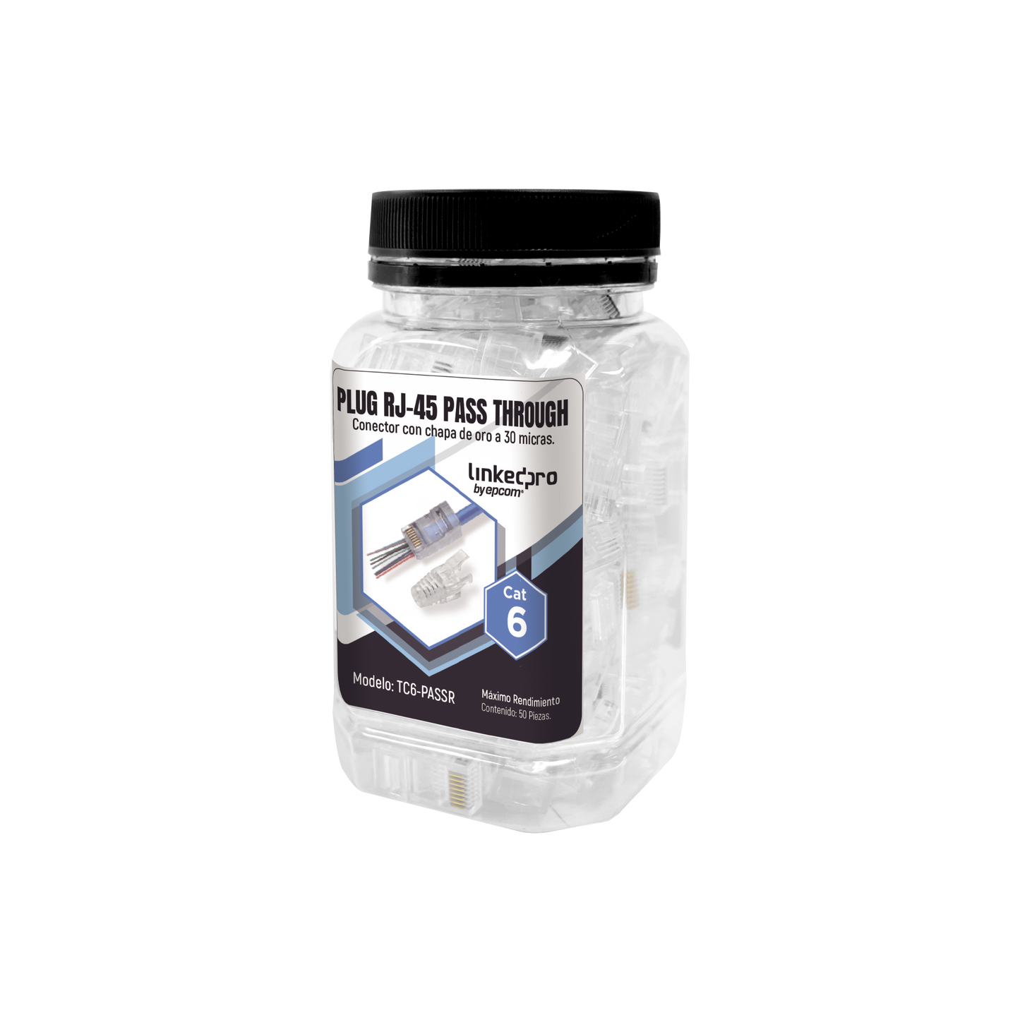TC6-PASSR|Bote con 50 Plugs Pass through RJ45 Cat6 sin blindaje, con alivio de tensi??n incluido, chapado de oro a 30 micras para durabilidad extrema