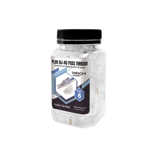 TC6-PASSR|Bote con 50 Plugs Pass through RJ45 Cat6 sin blindaje, con alivio de tensi??n incluido, chapado de oro a 30 micras para durabilidad extrema