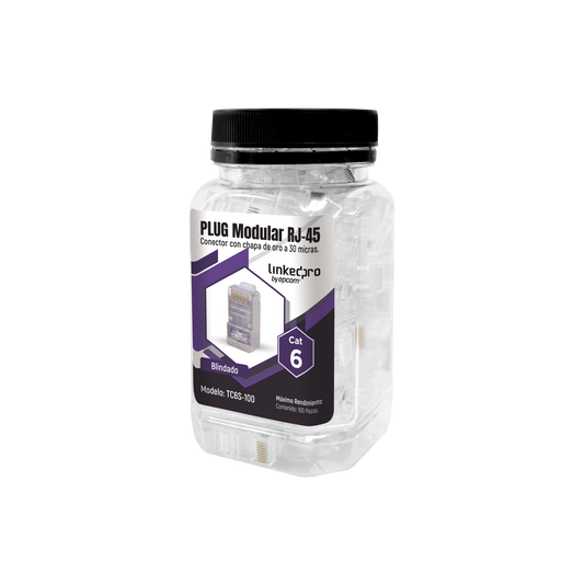 TC6S-100|Bote con 100 Piezas de Plug Modular RJ45 Cat6 blindado, chapado de oro a 30 micras para durabilidad extrema SIN PIN DE TIERRA