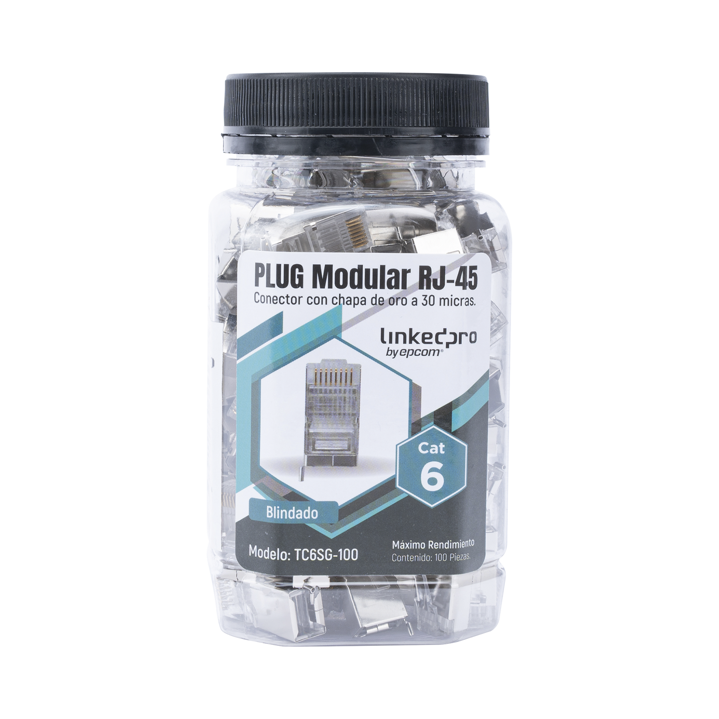 TC6SG-100|Bote con 100 Piezas de Plug Modular RJ45 Cat6 blindado con pin de tierra, chapado de oro a 30 micras para durabilidad extrema