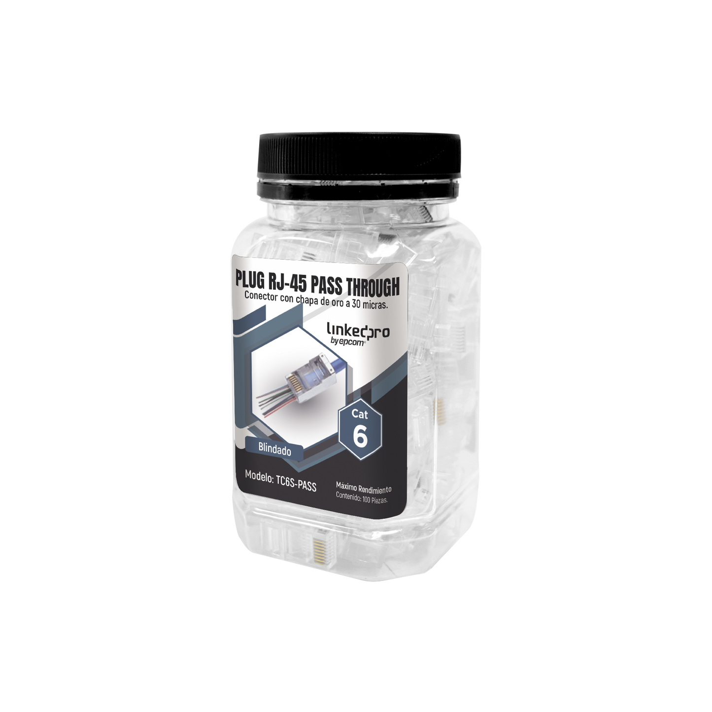 TC6S-PASS|Bote con 100 Plugs Pass through RJ45 Cat6 BLINDADO chapado de oro a 30 micras para durabilidad extrema