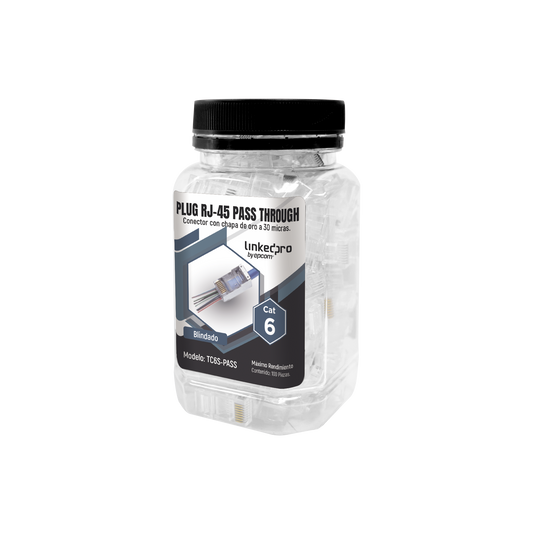 TC6S-PASS|Bote con 100 Plugs Pass through RJ45 Cat6 BLINDADO chapado de oro a 30 micras para durabilidad extrema