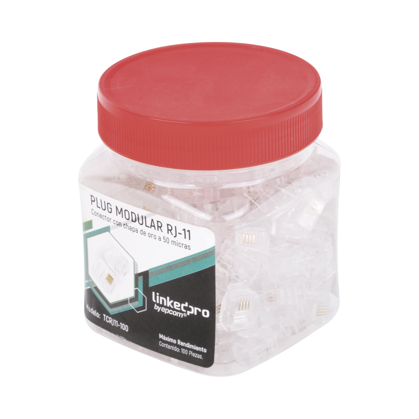 TCRJ11-100|Bote con 100 piezas de plug modular tipo RJ11 de 4 contactos chapado de oro a 50 micras