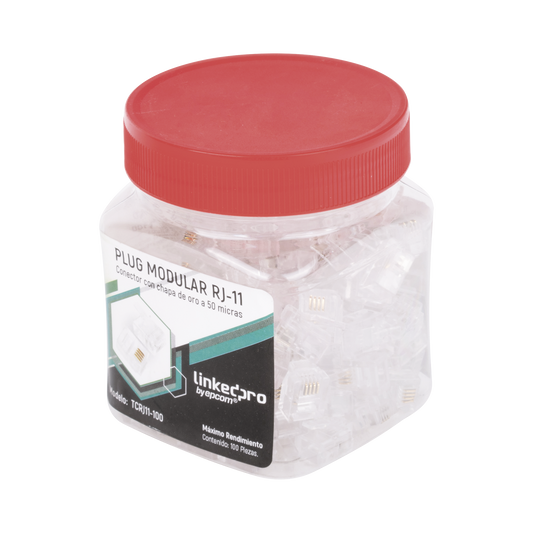 TCRJ11-100|Bote con 100 piezas de plug modular tipo RJ11 de 4 contactos chapado de oro a 50 micras