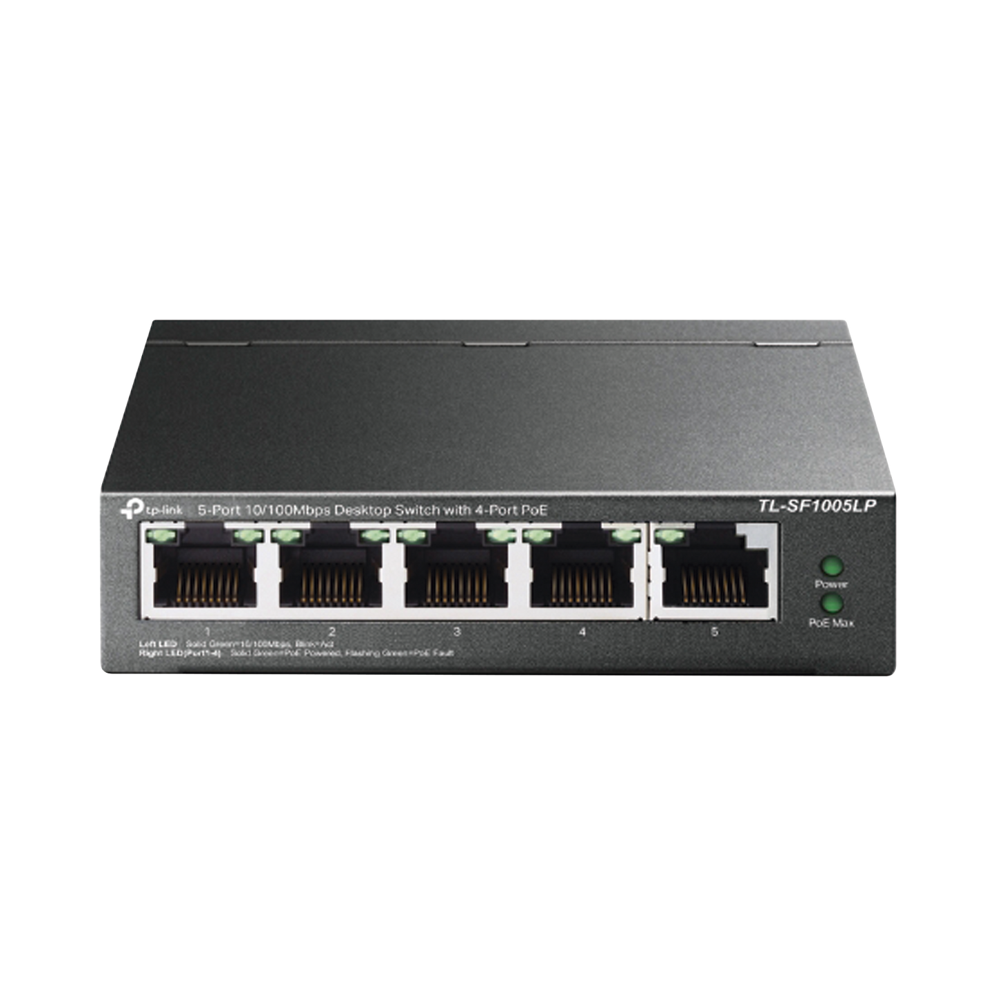 TLSF1005LP|Switch PoE No Administrable de Escritorio / 5 puertos 10/100 Mbps / 4 puertos PoE af / Presupuesto 41 W / Modo extensor PoE hasta 250 metros / Calidad video prioritaria