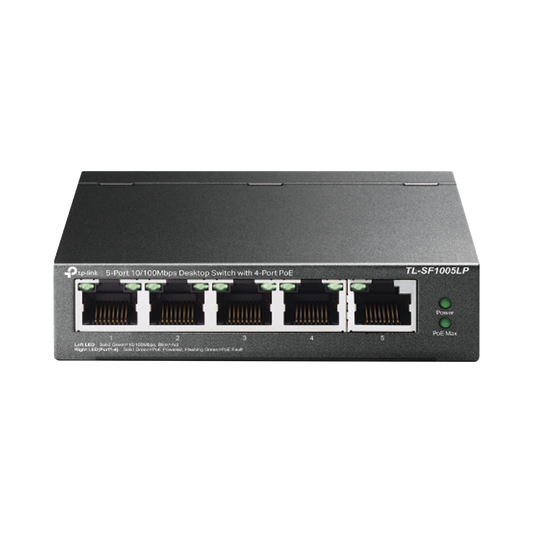 TLSF1005LP|Switch PoE no Administrable de escritorio / 5 puertos 10/100 Mbps / 4 puertos PoE af / Presupuesto 41 W / Modo extensor PoE hasta 250 metros / Calidad video prioritaria