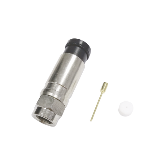 TT11-F02|Conector F Macho de Compresi??n Axial con Borne Negro para instalar en Cable Coaxial RG-11, 75 Ohm, Bronce-Niquelado.