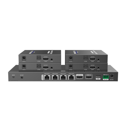 TT824|Kit Divisor y Extensor HDMI / Divide 1 Fuente HDMI a 4 Pantallas / Extiende la se??al HDMI hasta 70 m / Resoluci??n 4K @ 60 Hz/ Cat 6/6a/7 / IPCOLOR / CERO LATENCIA / Uso 24/7 / Puerto S/PDIF / EDID / RS232 / Salida Loop / Alimente solo el Tx