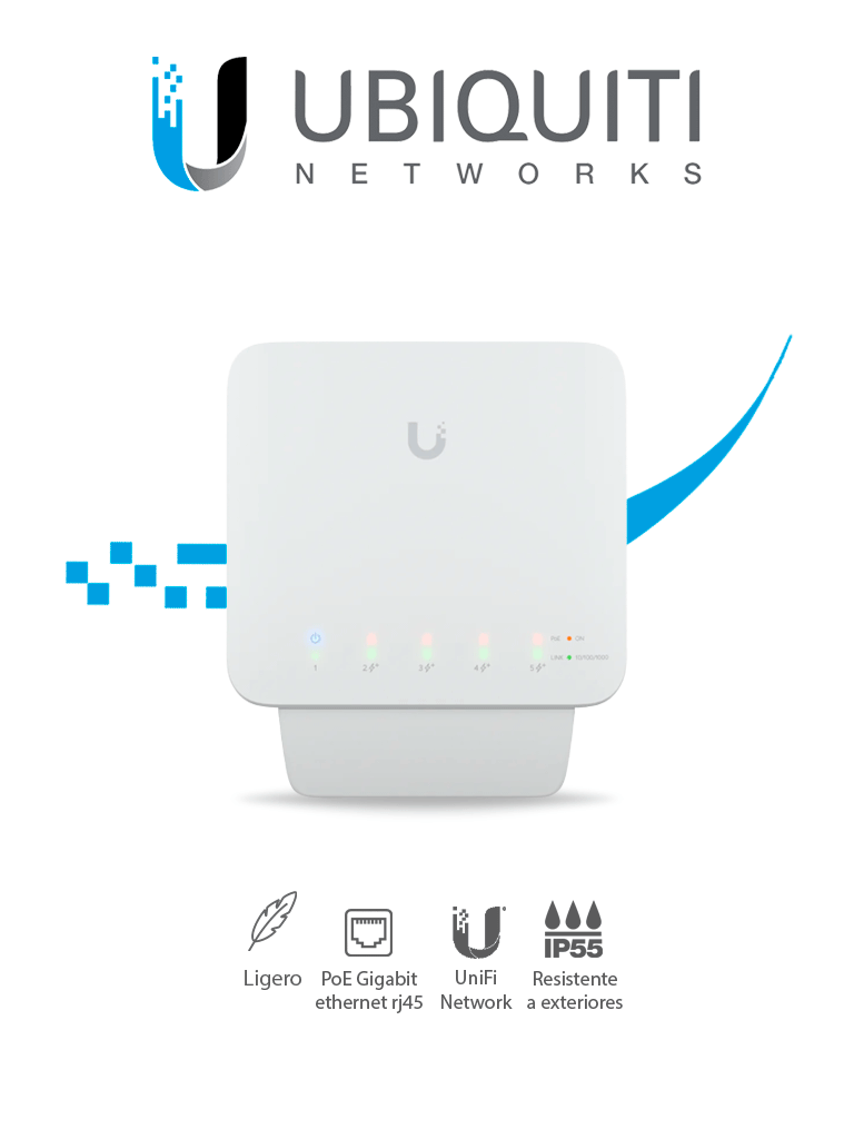 UBIQUITI USW-FLEX Switch UniFi para exterior IP55 de 5 puertos 10/100/1000 (1 Puerto PoE de entrada 802.3af/at/bt y 4 puertos PoE salida 802.3af / No incluye Inyector PoE/ Compatible con Inyector PoE-50-60W & UTP7201GE-PSE60  #LONUEVO #YELLOW