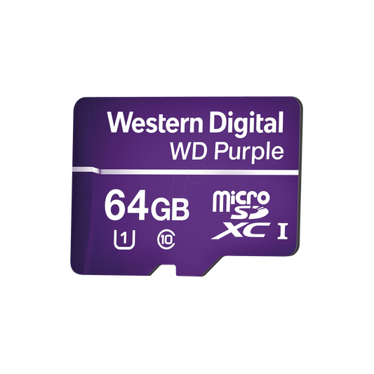 WD64MSD|Memoria microSD de 64GB PURPLE, Especializada Para Videovigilancia, 10 VECES MAYOR DURACIÓN, 3 AÑOS DE GARANTIA