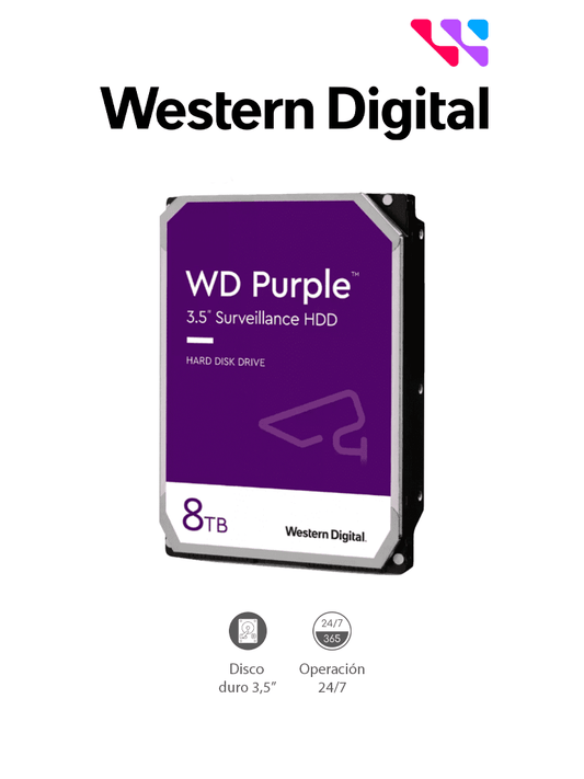 WESTERN WD84PURZ - Disco Duro de 8 TB Purple/ Especial para Videovigilancia/ Trabajo 24/7/ Interface: Sata 6 Gb/s/ Hasta 64 C?ímaras/ Hasta 16 Bah?¡as de Discos Duros/