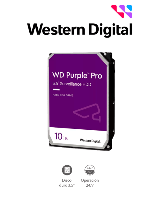 WESTERN WD101PURP- Disco Duro de 10TB Purple PRO/ Especial para Videovigilancia con IA/ Tecnolog?¡a IA AllFrame/ Interface: Sata 6 Gb/s/ Cache 256 MB/ Hasta 64 C?ímaras/ 32 Secuencias de IA para An?ílisis de Aprendizaje Profundo/