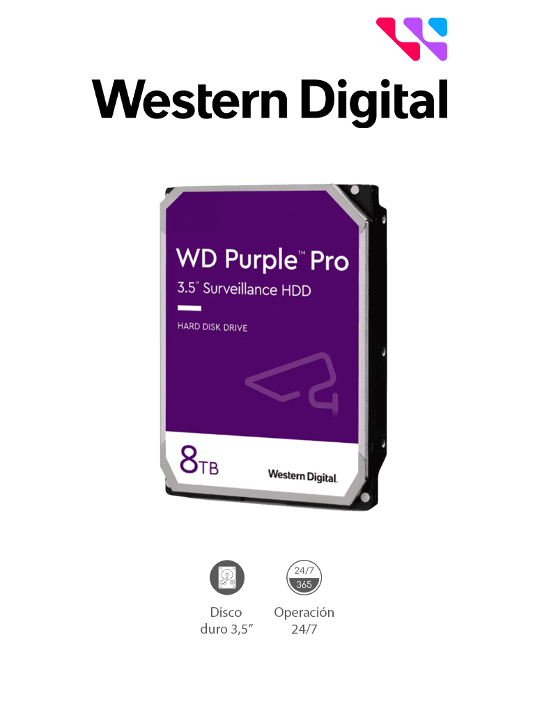 WESTERN WD8001PURP - Disco Duro de 8TB Purple PRO/ Especial para Videovigilancia con IA/ Tecnolog?¡a IA AllFrame/ Interface: Sata 6 Gb/s/ Cache 256 MB/ Hasta 64 C?ímaras/ 32 Secuencias de IA para An?ílisis de Aprendizaje Profundo/