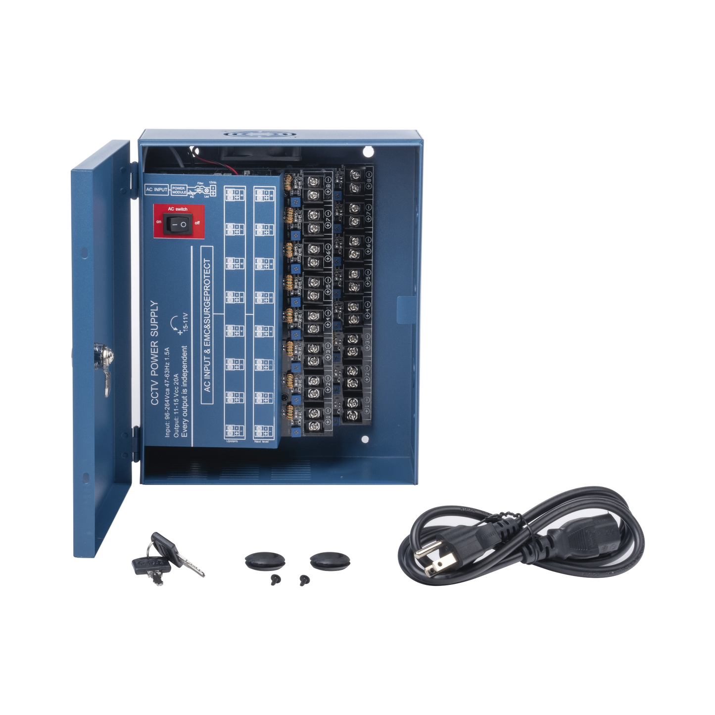 XP-16DC-20-4KV|Fuente de Poder Profesional HEAVY DUTY @ 20 Amperes / 16 Canales / Hasta 1.25A por Salida / Ajuste Independiente de 11 a 15 Vcc por Salida / Protección Contra Sobrecargas / Filtro de Ruido Especial para Cámaras 4K.