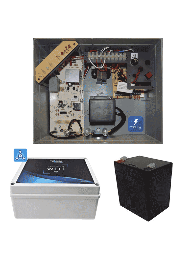 YONUSA PACKEY12000127P - Paquete de energizador de 12,000V para un cerco el?®ctrico de hasta 3500 mts lineales/ Incluye modulo wifi para manejo y recepci??n de alertas desde celular/ Bater?¡a de respaldo de regalo