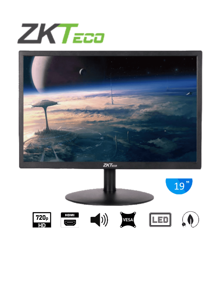 ZKTECO ZD192K - Monitor LED HD de 19 pulgadas / Resolución 1440 x 900 / 1 Entrada de video HDMI y 1 VGA / Altavoces Incorporados / Ángulo de Visión Horizontal 170° / Soporte VESA / Operación 24/7 / Incluye Cable HDMI