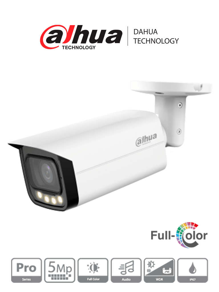 Dahua HAC-HFW2509TU-A-LED - C?ímara Bullet Full Color de 5 Megap?¡xeles/ Lente de 2.8mm/ 111 Grados de Apertura/ 60 Metros de Iluminaci??n/ Micr??fono integrado/  WDR real 120dB/ 3D NR/ Super Adapt/ Micr??fono integrado/ CVI/CVBS/AHD/TVI/ IP67