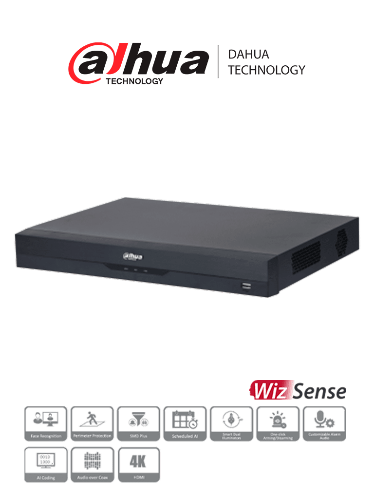 DAHUA XVR5216A-4KL-I3 - DVR de 16 Canales 4k/ WizSense/ H.265+/ 16 Canales HDCVI+16 IP/ Hasta 32 Ch IP/ 2 Ch de Reconocimiento Facial/ SDM Plus/ Protecci??n Perimetral/ 2 SATA de hasta 10TB/ 16&3 E&S de Alarmas/ 4 Canales de Audio/ IoT/ POS/