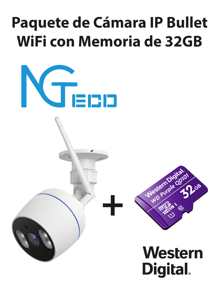 NGTECO NGC501PAK - Paquete de C?ímara NGC501 IP Bullet WiFi 1080P con Memoria de 32GB Micro SDHC/ Linea Purple/ Clase 10 U1