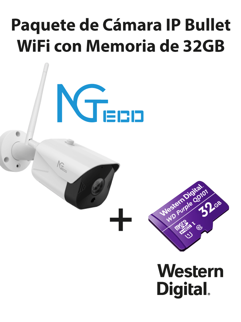 NGTECO NGC401PAK - Paquete de C?ímara NGC401 IP Bullet WiFi 1080P con Memoria de 32GB Micro SDHC/ Linea Purple/ Clase 10 U1