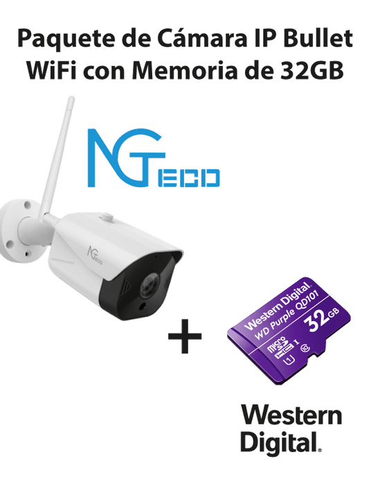 NGTECO NGC401PAK - Paquete de C?ímara NGC401 IP Bullet WiFi 1080P con Memoria de 32GB Micro SDHC/ Linea Purple/ Clase 10 U1
