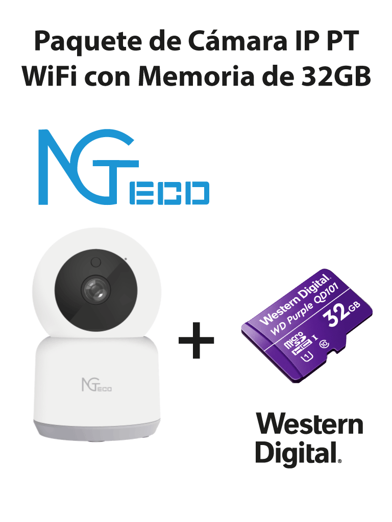 NGTECO NGC2401PAK - Paquete de C?ímara NGC2401 IP PT WiFi 1080P con Memoria de 32GB Micro SDHC/ Linea Purple/ Clase 10 U1