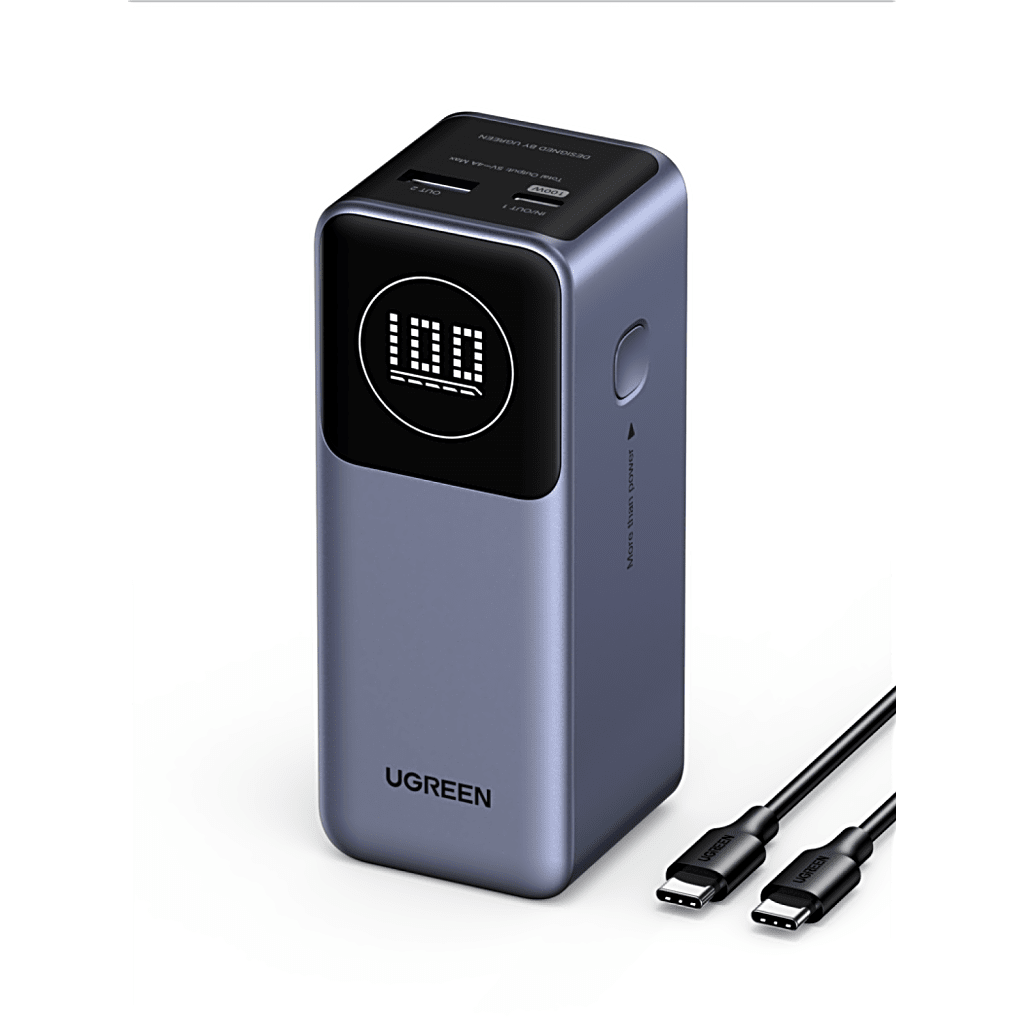 35526B|Power Bank de 12000mAh 3 Salidas 100W Max. USB-A + 2 USB-C PD 3.0 QC3.0 FCP SCP Pantalla Inteligente Carcasa Ignifuga Color Gris Incluye Cable USB de 50cm Carga tu Laptop de Mane