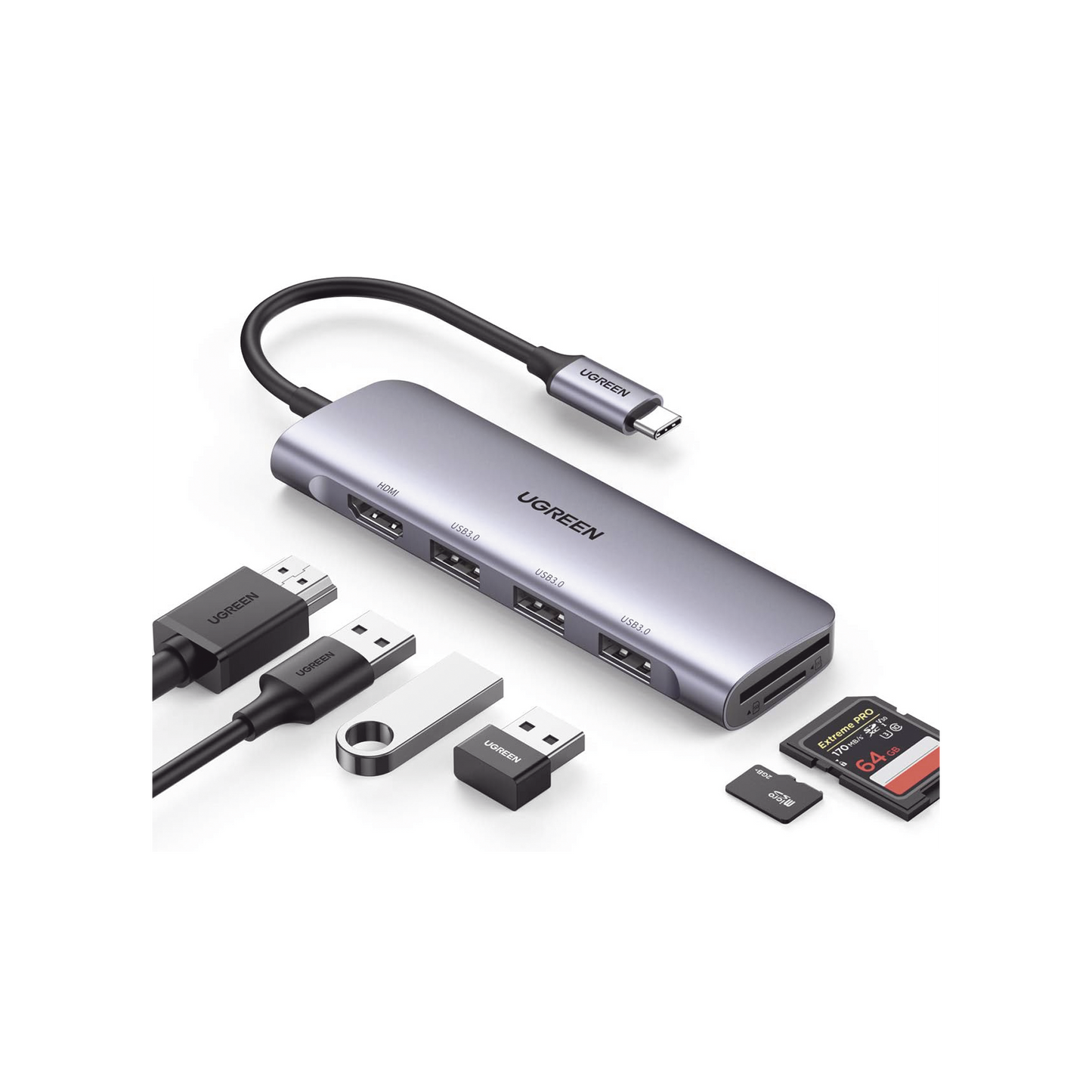 20956A|HUB USB-C (Docking Station) 6 en 1 HDMI 4K@30Hz  3 Puertos USB 3.0 Lector Tarjeta SD + Micro SD (TF) Uso Simultáneo  Chip de Última Generación Potente Disipación de Calor  Caja de Aluminio.