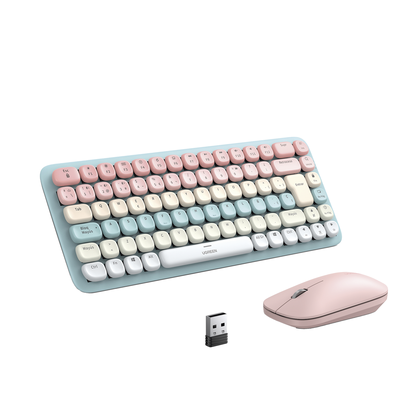 25178|Paquete de Teclado y Mouse 85 teclas en Español Bluetooth y 2.4GHz Mouse Ambidiestro Sensor de DPI ajustable Efectos de Iluminación del Teclado Amplia compatibilidad Color Rosa