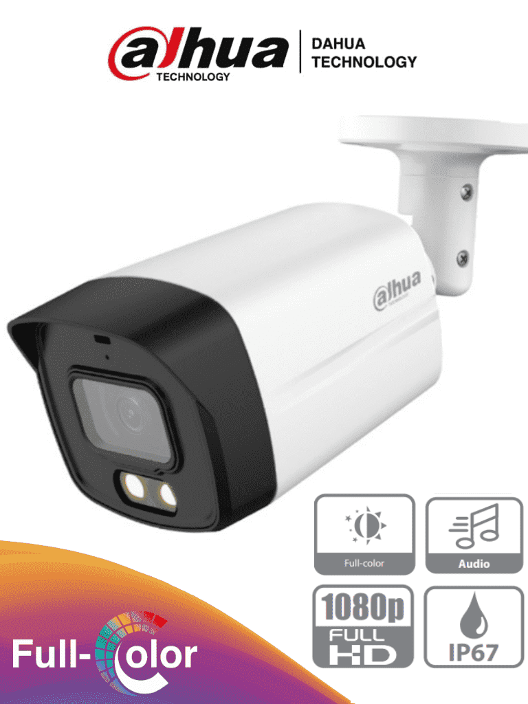 DAHUA HAC-HFW1209TLMN-A-LED - Camara Bullet Full Color de 2 Megapixeles/ 1080p/ Lente de 2.8mm/ 108 Grados de Apertura/ Microfono Integrado/ 40 Metros de Iluminaci??n/ DWDR/ IP67/ Metalica+Policarbonato/