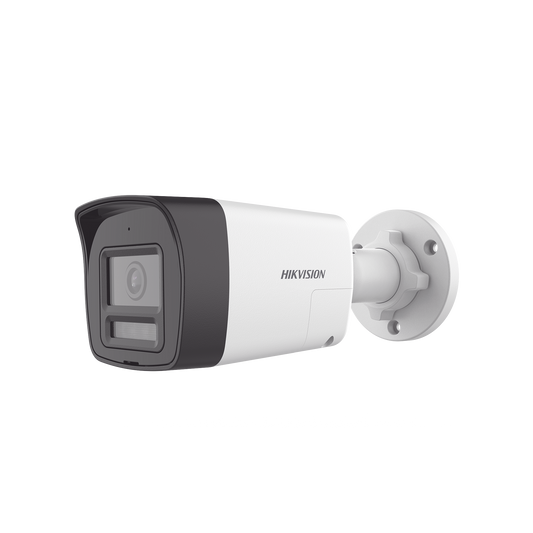 DS-2CE16D0T-LTS|[Audio Bidireccional + Dual Light + ColorVu] Bala TURBOHD 2 Megapixel (1080p) / Lente 2.8 mm / 30 mts IR EXIR + 20 mts Luz Blanca / Micrófono y Bocina Integrado / Exterior IP67 / Metal / dWDR