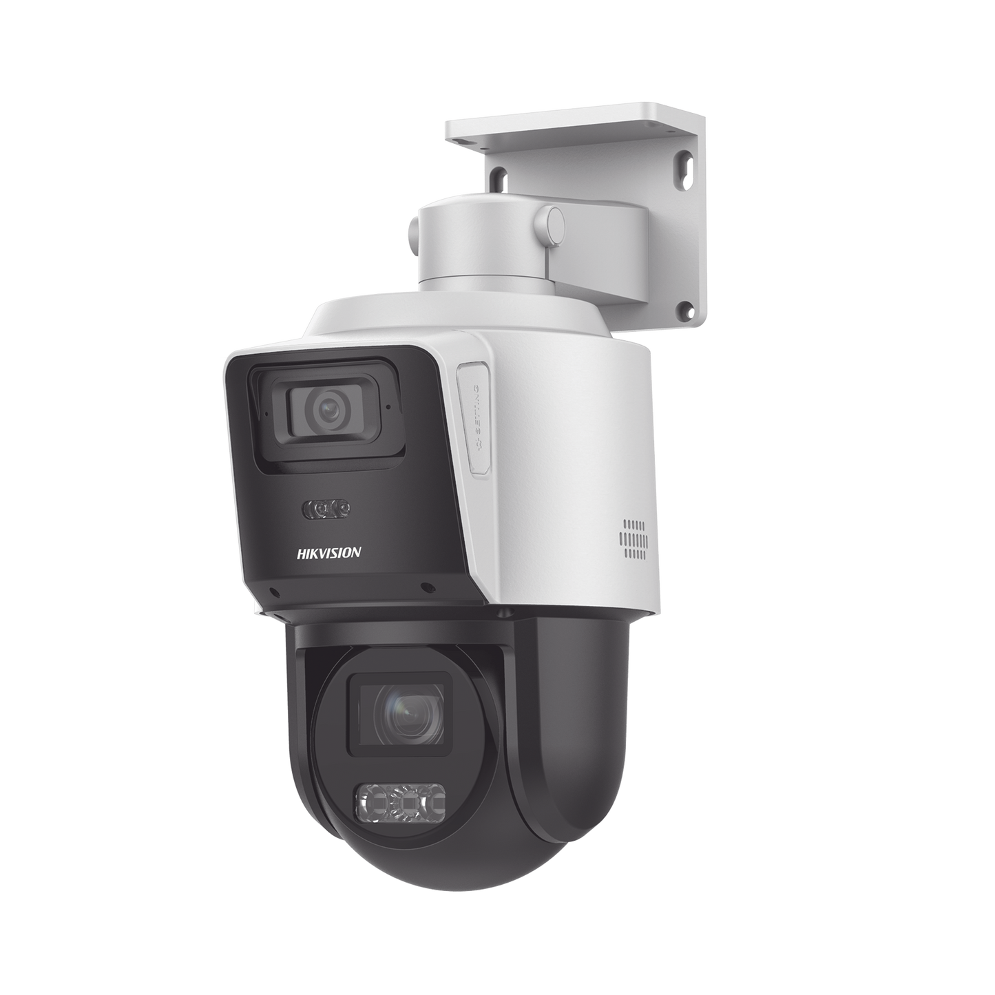 DS-2SE3C404MWG-E/14|[TandemVu] PTZ IP 4 Megapixel con Cámara Panoramica 4 Megapixel / 4X Zoom / Dual Light (40 mts IR + 30 mts Luz Blanca) / ACUSENSE / IP66  / PoE+ / DARKFIGHTER / Micro SD / Incluye Base para Techo o Pared