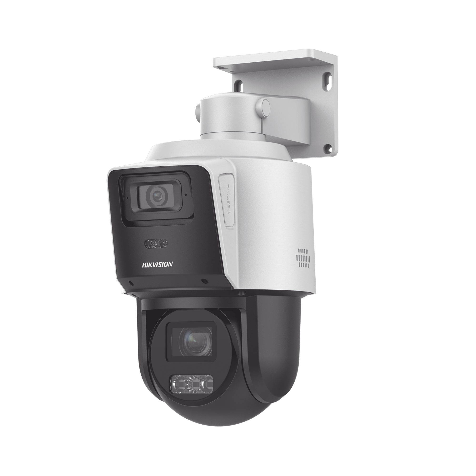 DS-2SE3C404MWG-E/14|[TandemVu] PTZ IP 4 Megapixel con Cámara Panoramica 4 Megapixel / 4X Zoom / Dual Light (40 mts IR + 30 mts Luz Blanca) / ACUSENSE / IP66  / PoE+ / DARKFIGHTER / Micro SD / Incluye Base para Techo o Pared