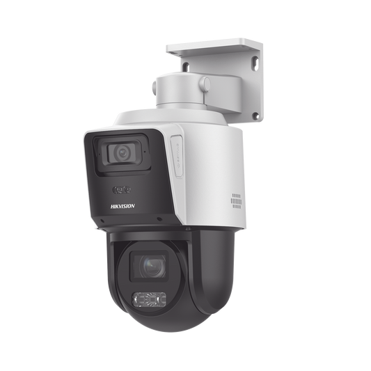 DS-2SE3C404MWG-E/14|[TandemVu] PTZ IP 4 Megapixel con Cámara Panoramica 4 Megapixel / 4X Zoom / Dual Light (40 mts IR + 30 mts Luz Blanca) / ACUSENSE / IP66  / PoE+ / DARKFIGHTER / Micro SD / Incluye Base para Techo o Pared