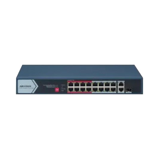 DS-3E0318P-E/M(C)|Switch PoE+ / No Administrable / 16 Puertos 10/100 Mbps PoE+ / 2 Puertos 1000 Mbps Uplink / 1 Puerto SFP Uplink / Modo Extendido hasta 300 Metros / 130 W