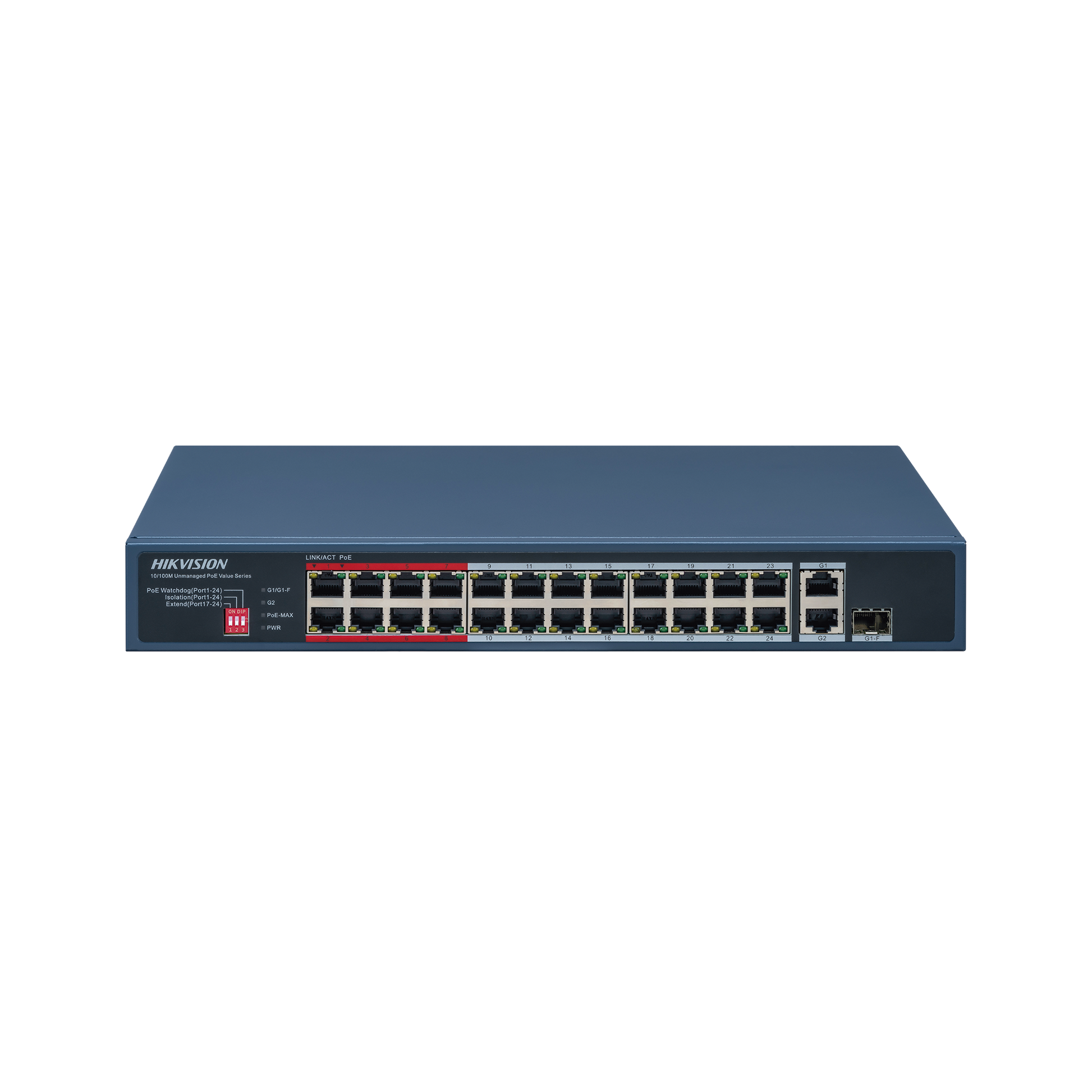 DS-3E0326P-E/M(C)|Switch PoE+ / No Administrable / 24 Puertos 10/100 Mbps PoE+ / 1 Puerto 10/100/1000 Mbps + 1 Puerto SFP Uplink / PoE hasta 250 metros / 230 W