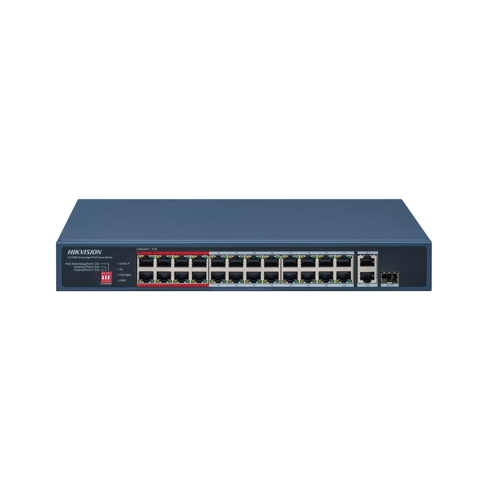 DS-3E0326P-E/M(C)|Switch PoE+ / No Administrable / 24 Puertos 10/100 Mbps PoE+ / 1 Puerto 10/100/1000 Mbps + 1 Puerto SFP Uplink / PoE hasta 250 metros / 230 W