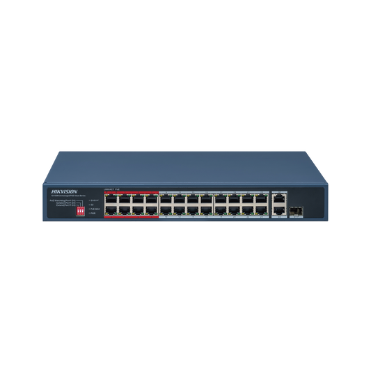 DS-3E0326P-E/M(C)|Switch PoE+ / No Administrable / 24 Puertos 10/100 Mbps PoE+ / 1 Puerto 10/100/1000 Mbps + 1 Puerto SFP Uplink / PoE hasta 250 metros / 230 W