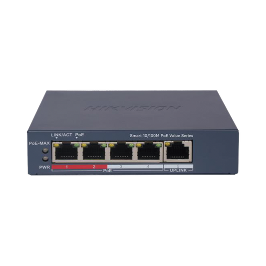 DS-3E1105P-EI/M|Switch PoE+ / Monitoreable / 4 Puertos 10/100 Mbps PoE+ / 1 Puerto 10/100 Mbps Uplink / Modo Estendido hasta 300 Metros /  45 W
