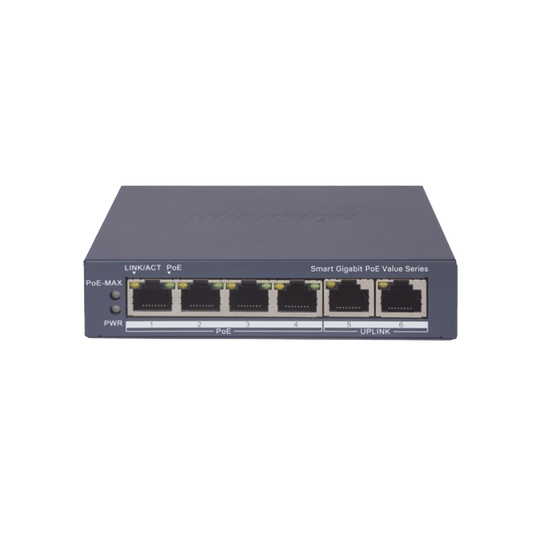 DS-3E1506P-EI/M|Switch Gigabit PoE+ / Administrable / 4 Puertos 1000 Mbps PoE+ / 2 Puertos 1000 Mbps Uplink / Configuración Nube Hik-PartnerPro / Modo Extendido hasta 300 Metros / 45 Watts