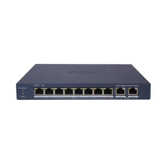DS-3E1510P-EI/M|Switch Gigabit PoE+ / Administrable / 8 Puertos 1000 Mbps PoE+ / 2 Puertos 1000 Mbps de Uplink / Configuración Remota desde Hik-PartnerPro / Modo Extendido hasta 300 Metros / 60 W