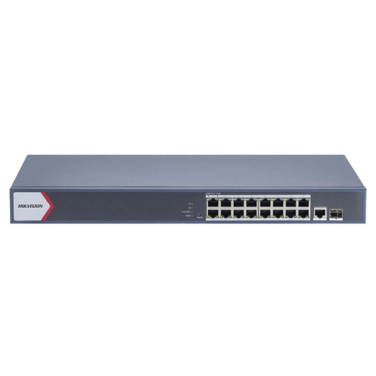 DS-3E1518P-EI/M|Switch Gigabit PoE+ / Monitoreable / 16 Puertos 1000 Mbps PoE+ / 1 Puerto 1000 Mbps de Uplink / 1 Puerto SFP /  Configuración Remota desde Hik-PartnerPro / Modo Extendido hasta 300 Metros / 130 Watts