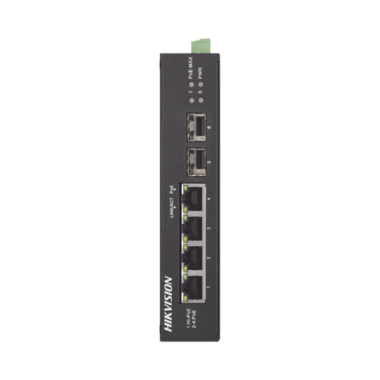 DS-3T0506HP-E/HS|Switch Industrial No Administrable Gigabit / 3 Puertos Gigabit PoE+ (30 W) + 1 Puerto Gigabit PoE++ (60 W) / 2 Puertos SFP / 65 W Total / 48 a 57 VCD / Ideal para Proyectos / 300 Metros de Distancia
