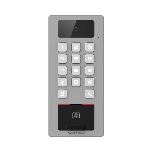 DS-K1T502DBFWX-C|Lector Biometrico con Teclado para Exterior Antivandálico IP65 & IK09 con función de Videoportero Multiapartamento /  Huella, Tarjeta, Código QR, PIN o App HikConnect  / Cámara 2 MP compatible con NVRs / Soporta biom