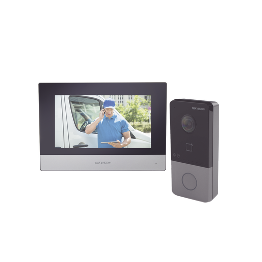 DS-KIS603-P|Kit de Videoportero IP Poe Estandar con llamada a App de Smartphone (HikConnect) / Apertura con tarjeta MIFARE / Frente de calle IP65 / Soporta 1 Departamento