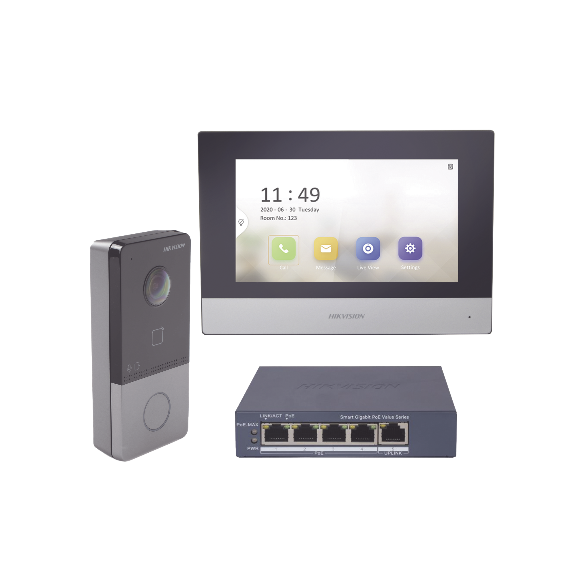 DS-KIS603-P/S|Kit de Videoportero IP + Switch Poe Poe Estandar con llamada a App de Smartphone (HikConnect) / Apertura con tarjeta MIFARE / Frente de calle IP65 / Soporta 1 Departamento