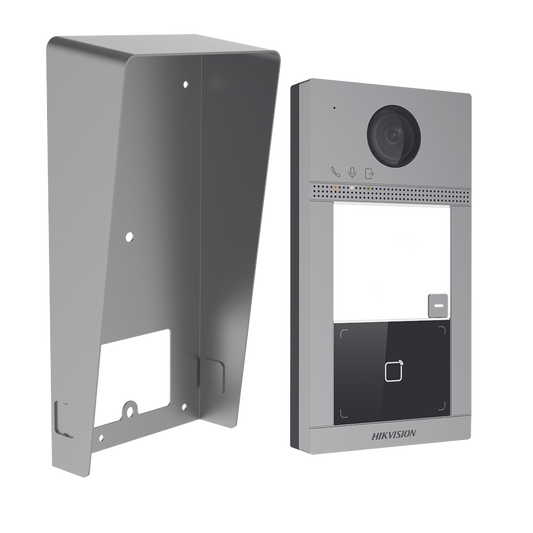 DS-KV8113-WME1(C)/IK|Kit Videoportero + Carcasa protectora IP 2 Megapixel / Llamada y Apertura Remota desde App Hik-Connect / PoE / Exterior IP65 + Antivandalico IK08 / 1 Departamento / Apertura con Tarjeta / Soporta 2 Puertas y hasta 6 Monitores