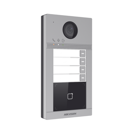 DS-KV8413-WME1(C)|Videoportero IP 2 Megapixel / Llamada y Apertura Remota desde App Hik-Connect (Requiere monitor )/ PoE / Exterior IP65 + Antivandalico IK08 / 4 Departamento / Apertura con Tarjeta / Soporta 2 Puertas y hasta 6 Monitores
